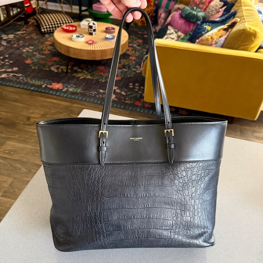 SAINT LAURENT Large Black Croc-Effect Leather Shopping Tote / Shoulder Bag - Picture 10 of 12